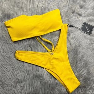 Zaful Yellow Ribbed Strapless Bandeau Bikini Set Medium